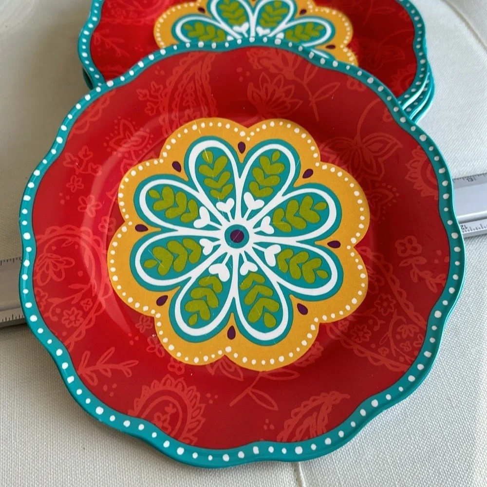 7 pc set Pier One Imports Melamine Dinner Plates Salad Sunny Bright Paisley‎ GUC